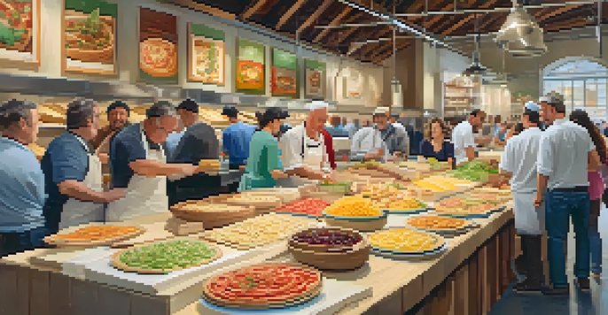 A lively Italian marketplace with fresh pasta, cheeses, and pizzas, filled with people dining together in a vibrant atmosphere.