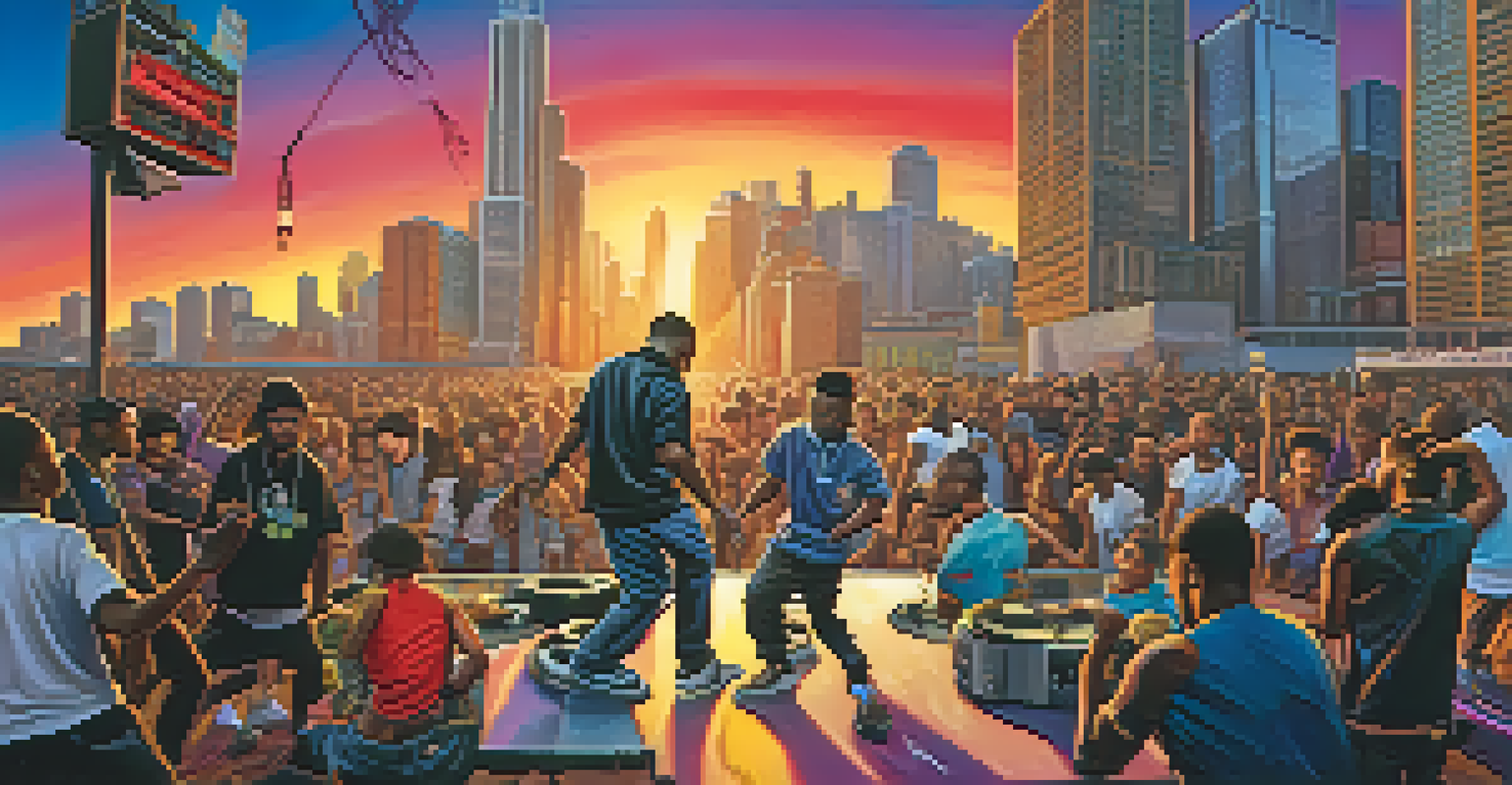 A dynamic hip-hop performance in Chicago, featuring young artists in front of a graffiti wall with the city skyline at sunset.