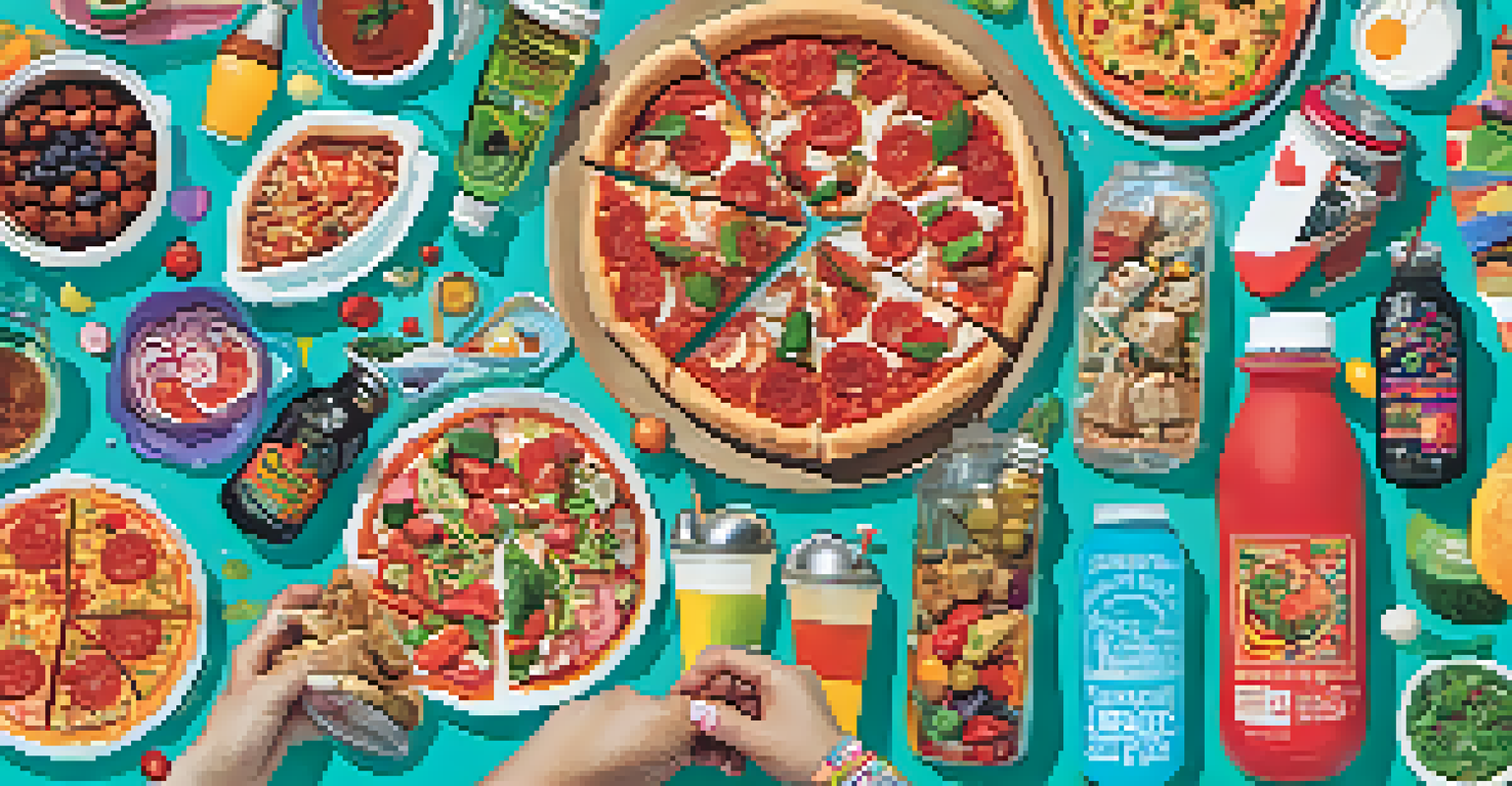 A close-up of a hand holding a reusable water bottle, surrounded by various food options at a music festival.