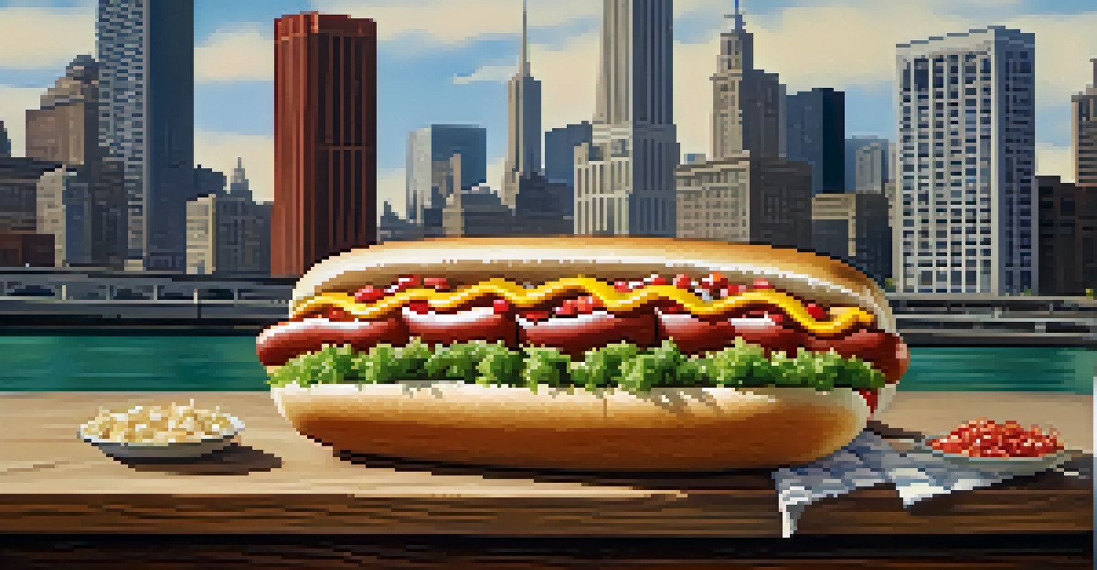 A close-up of a Chicago hot dog with colorful toppings on a picnic table, with a blurred Chicago cityscape in the background.