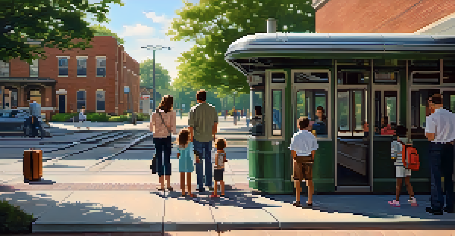 A family waiting at a modern suburban 'L' train station surrounded by greenery and homes in warm afternoon light.