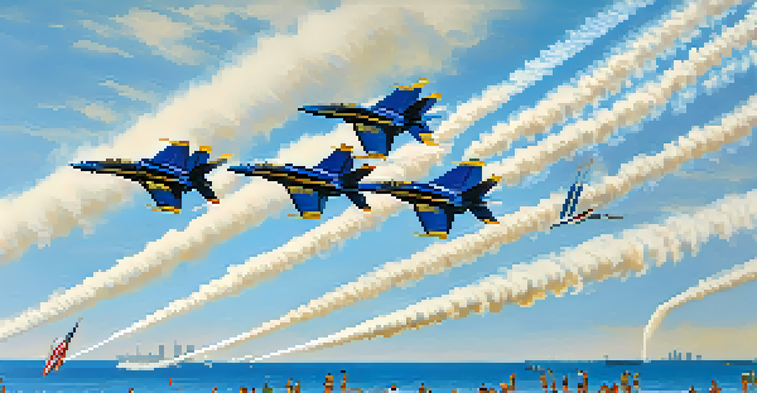 U.S. Navy Blue Angels performing a flyover at the Chicago Air and Water Show, with a crowd watching from the beach.