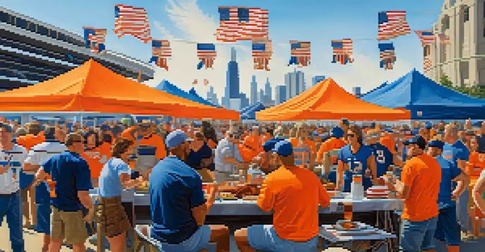 A lively gathering of Chicago Bears fans tailgating with food and games outside Soldier Field, showcasing their team spirit and community.