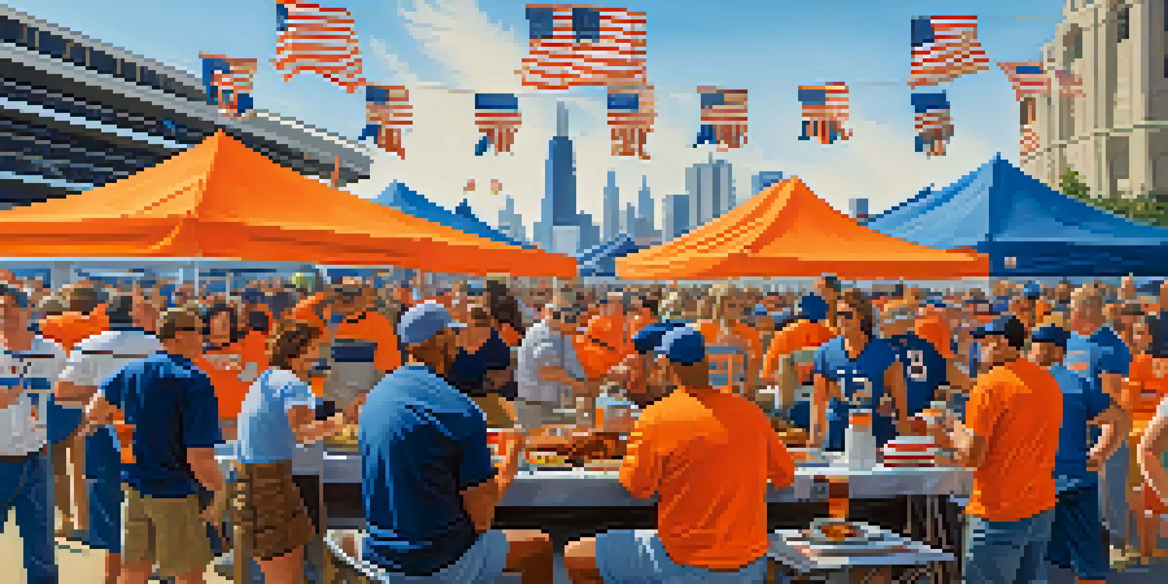 A lively gathering of Chicago Bears fans tailgating with food and games outside Soldier Field, showcasing their team spirit and community.
