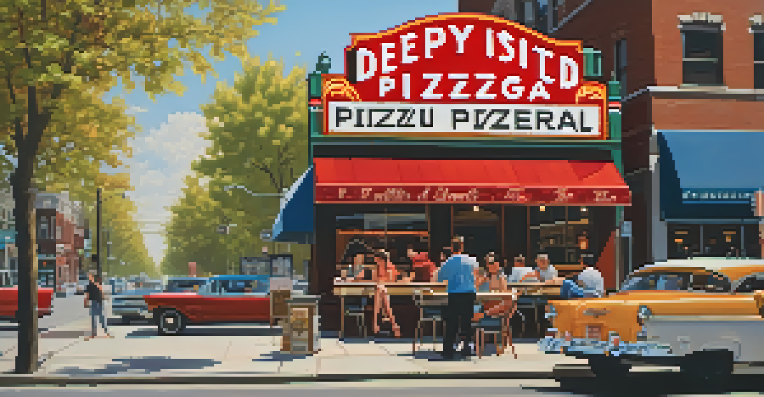 A lively street scene in Chicago featuring a deep-dish pizzeria with customers dining outside and the city skyline in the background.