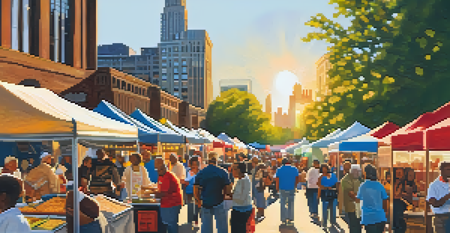A bustling market scene at a music festival with local artisans and food vendors, showcasing a diverse group of attendees enjoying the atmosphere.