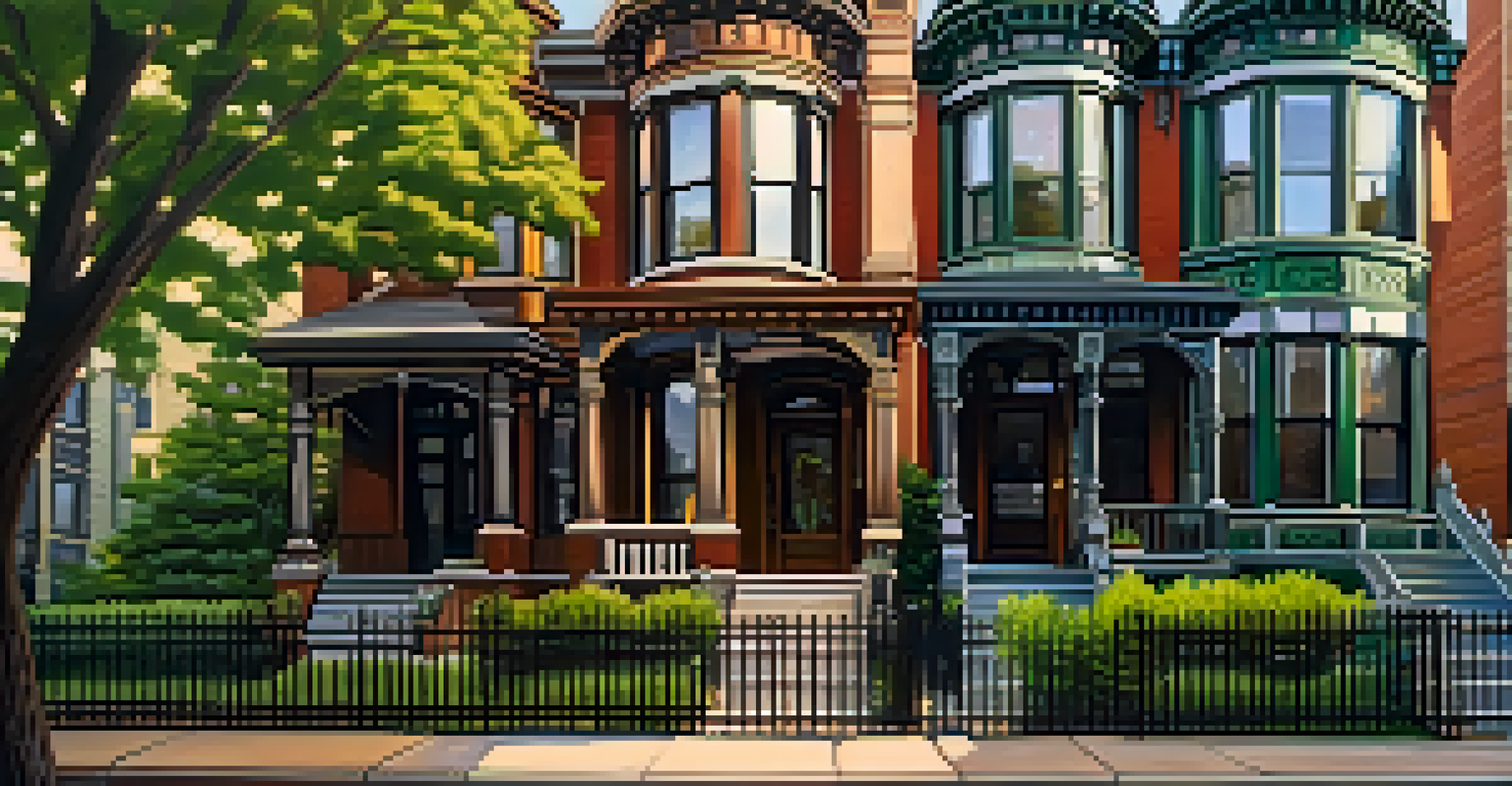 Victorian-style homes in the Prairie Avenue Historic District, with sunlight highlighting their details.