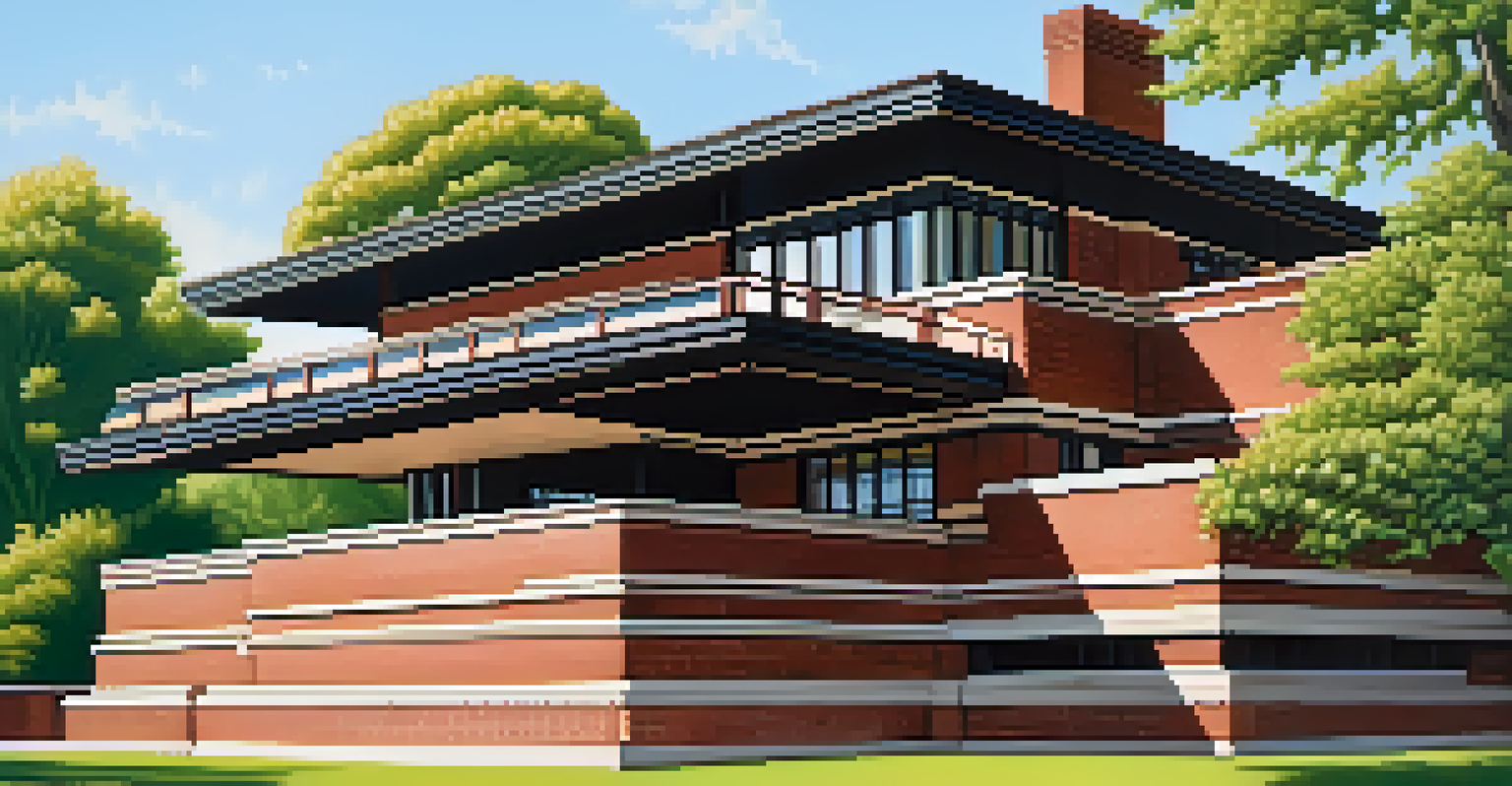 The Robie House in Hyde Park, displaying its unique architectural design surrounded by greenery and a blue sky.