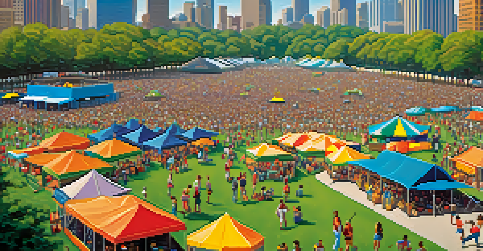 Aerial view of Grant Park during a summer music festival with a large crowd, colorful tents, and city skyscrapers in the background.