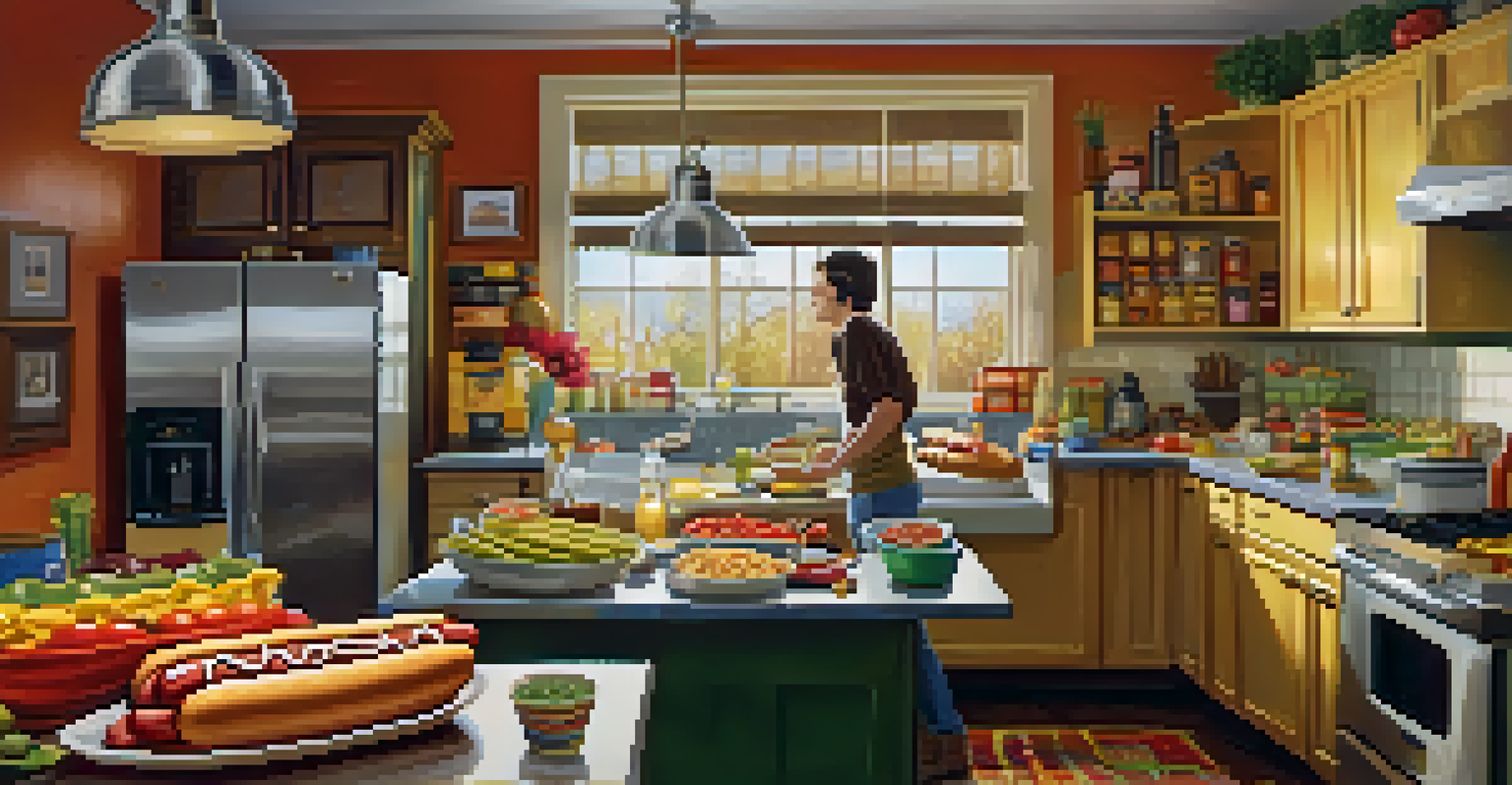 A kitchen scene with ingredients for making Chicago-style hot dogs, showcasing fresh toppings and buns.