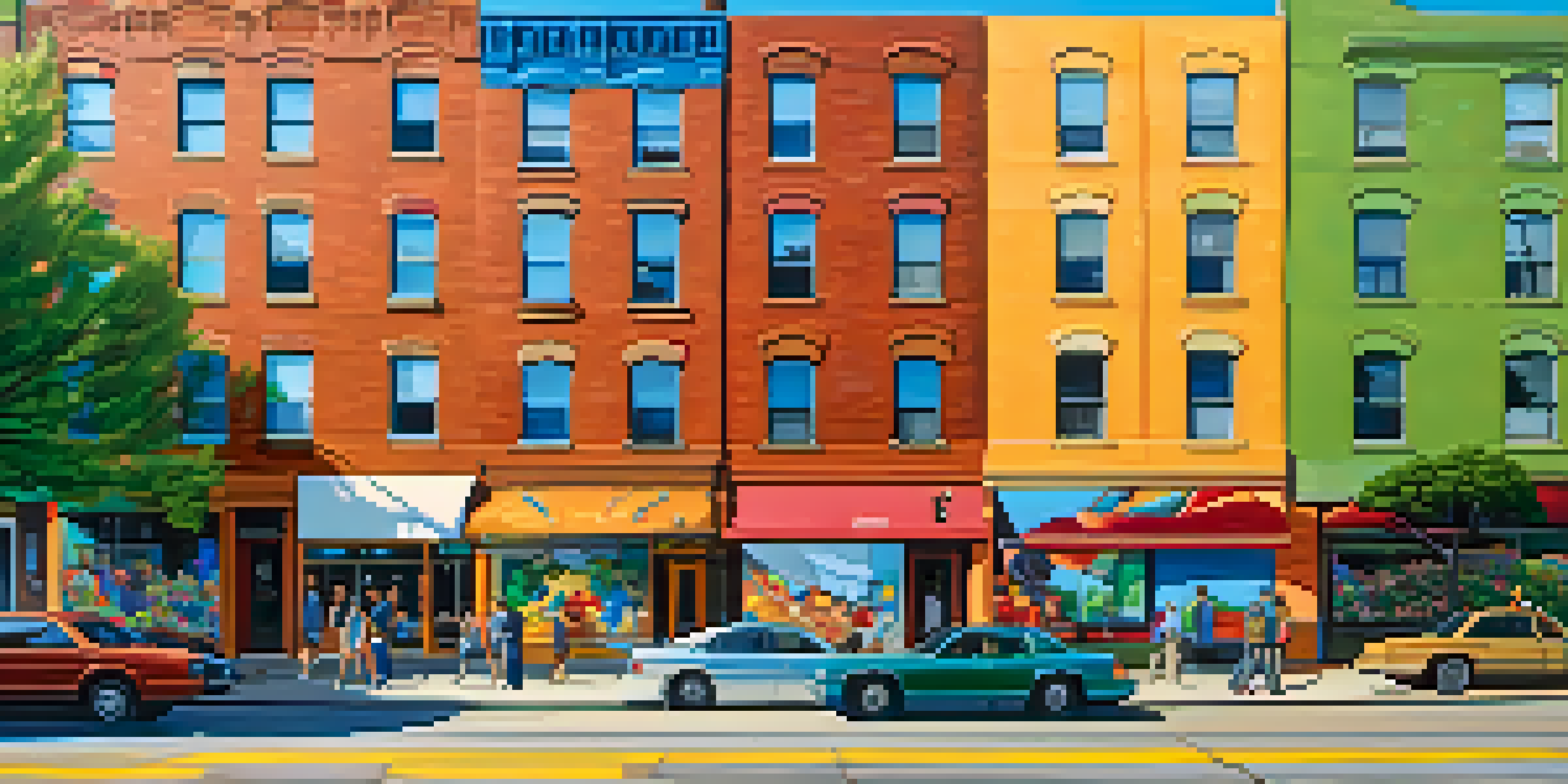 A lively street scene in Logan Square with a colorful mural on a brick wall, green trees, and pedestrians under a clear blue sky.