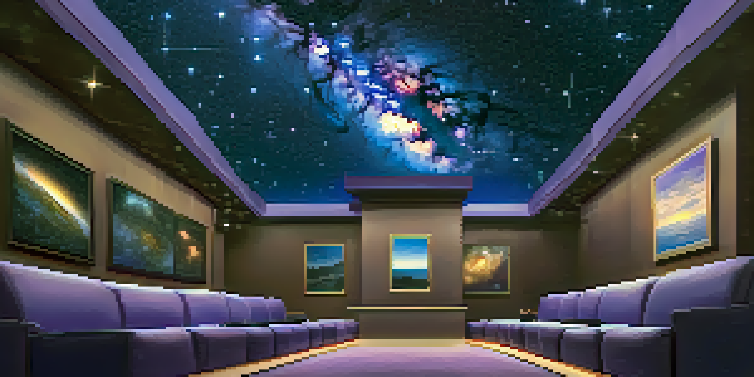 A planetarium interior showcasing a vivid night sky filled with constellations and the Milky Way, with visitors seated below in awe.