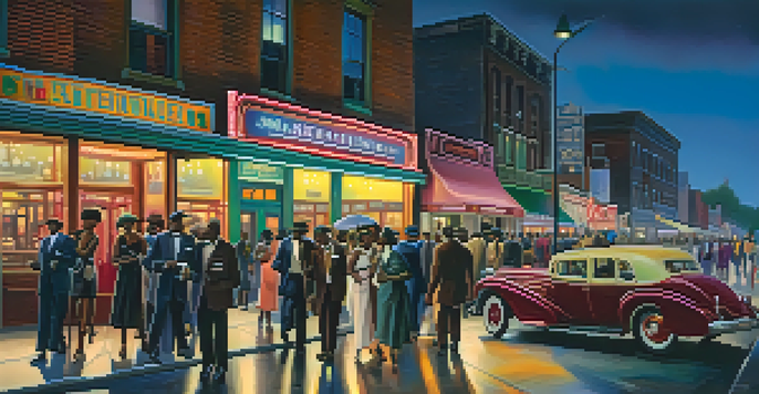 A lively street scene in Bronzeville during the 1920s, featuring a jazz club with people dancing and musicians. The area is filled with colorful neon lights and vintage cars, showcasing the rich cultural heritage.