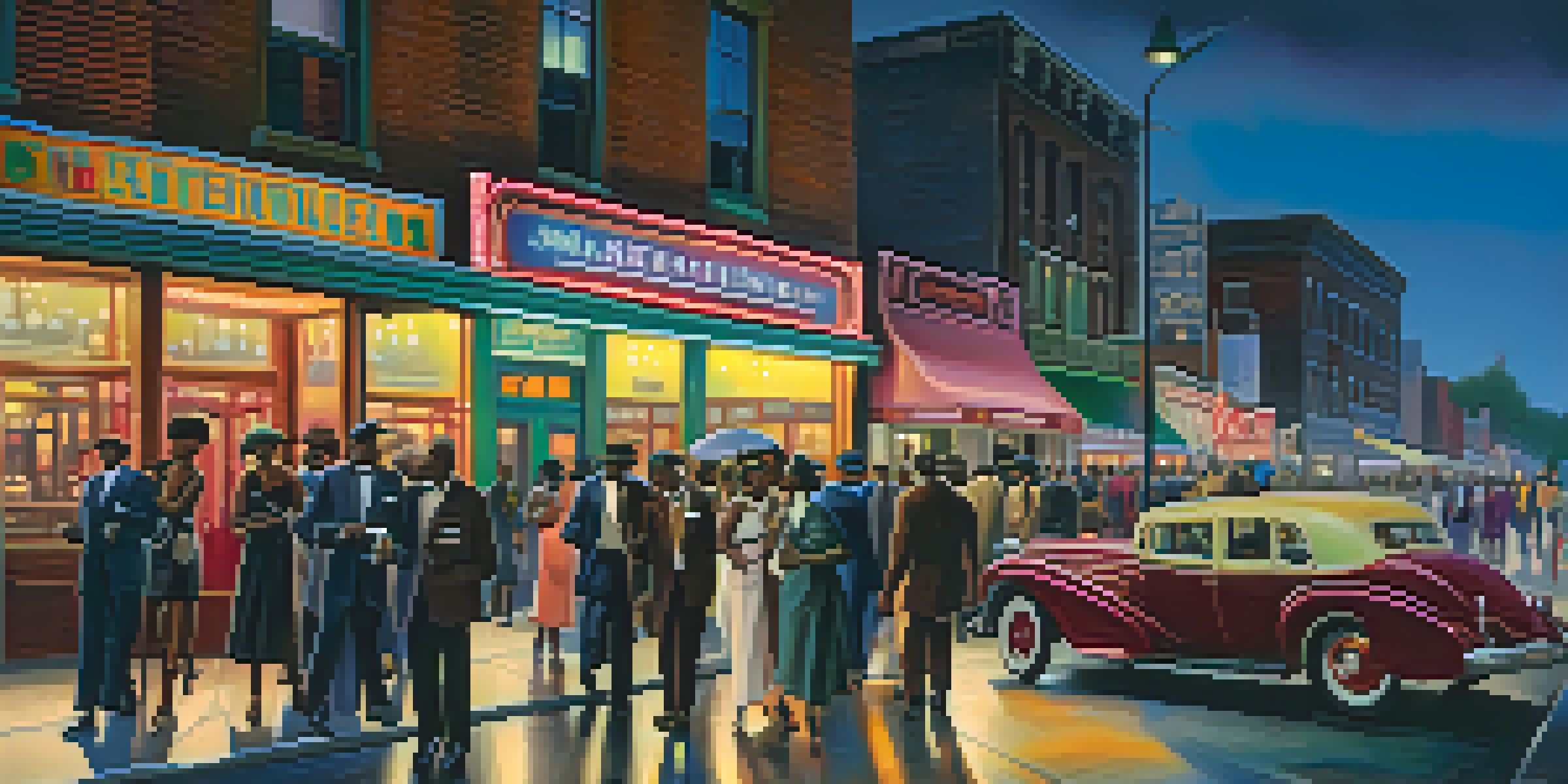 A lively street scene in Bronzeville during the 1920s, featuring a jazz club with people dancing and musicians. The area is filled with colorful neon lights and vintage cars, showcasing the rich cultural heritage.