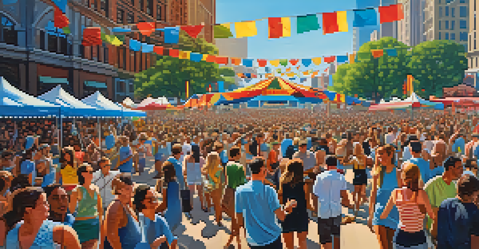 A lively outdoor music festival in Chicago with a diverse crowd enjoying performances.