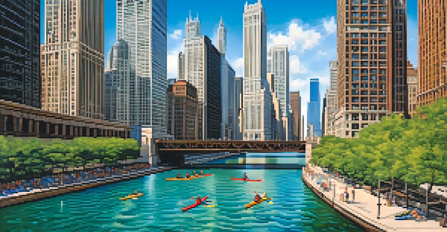 Kayakers paddling on the Chicago River, with city landmarks and tall buildings surrounding them in an urban setting.