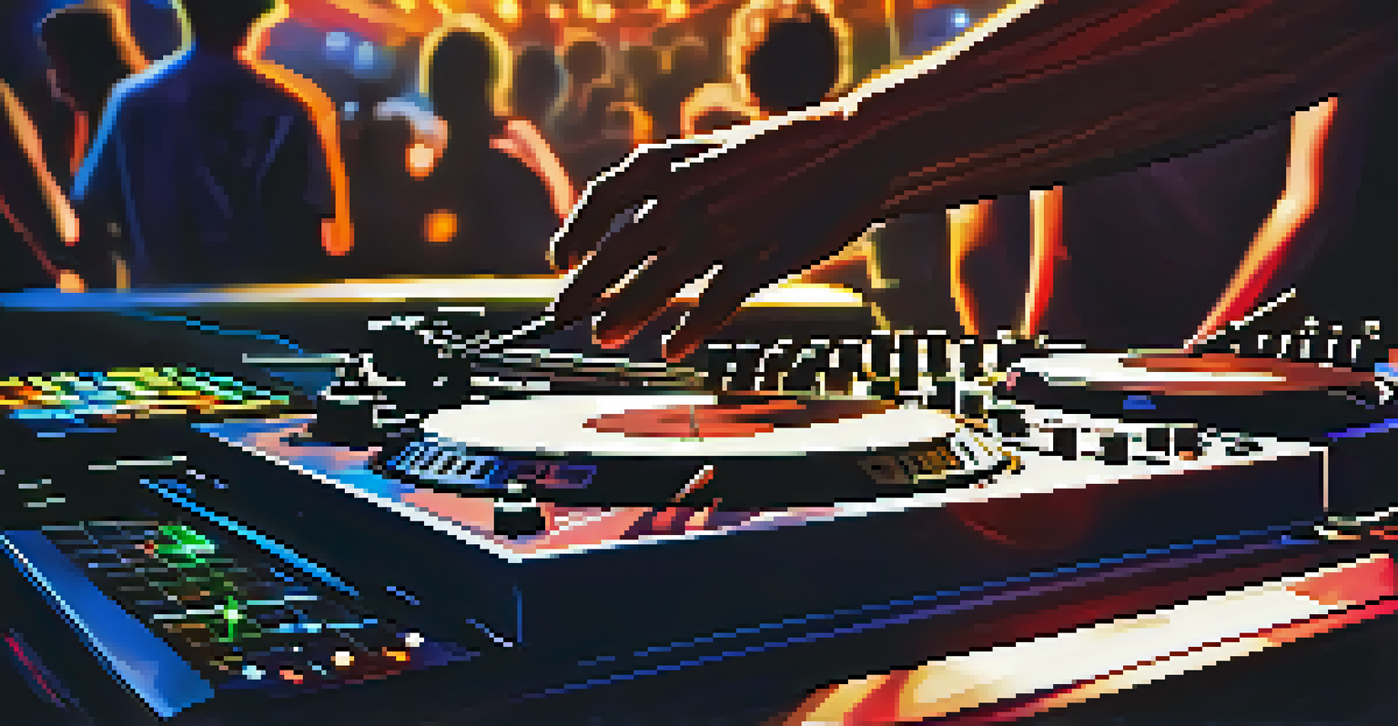 A DJ mixing music at a nightclub, showcasing hands on turntables with blurred dancers in the background and colorful lights.
