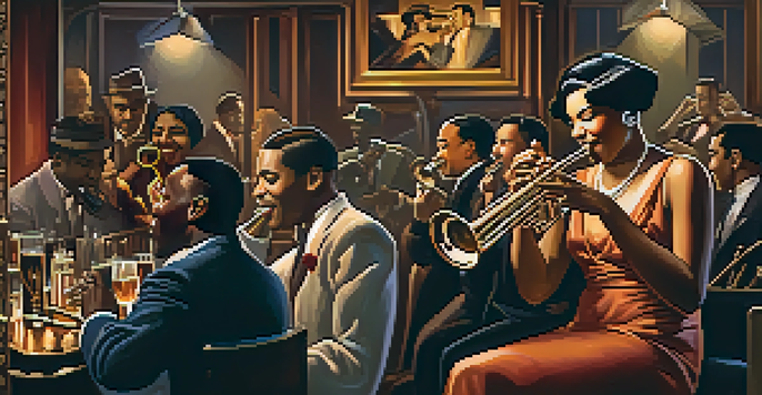 A vibrant jazz band performing in a vintage Chicago speakeasy, with musicians playing brass instruments and a piano, surrounded by people in 1920s fashion.