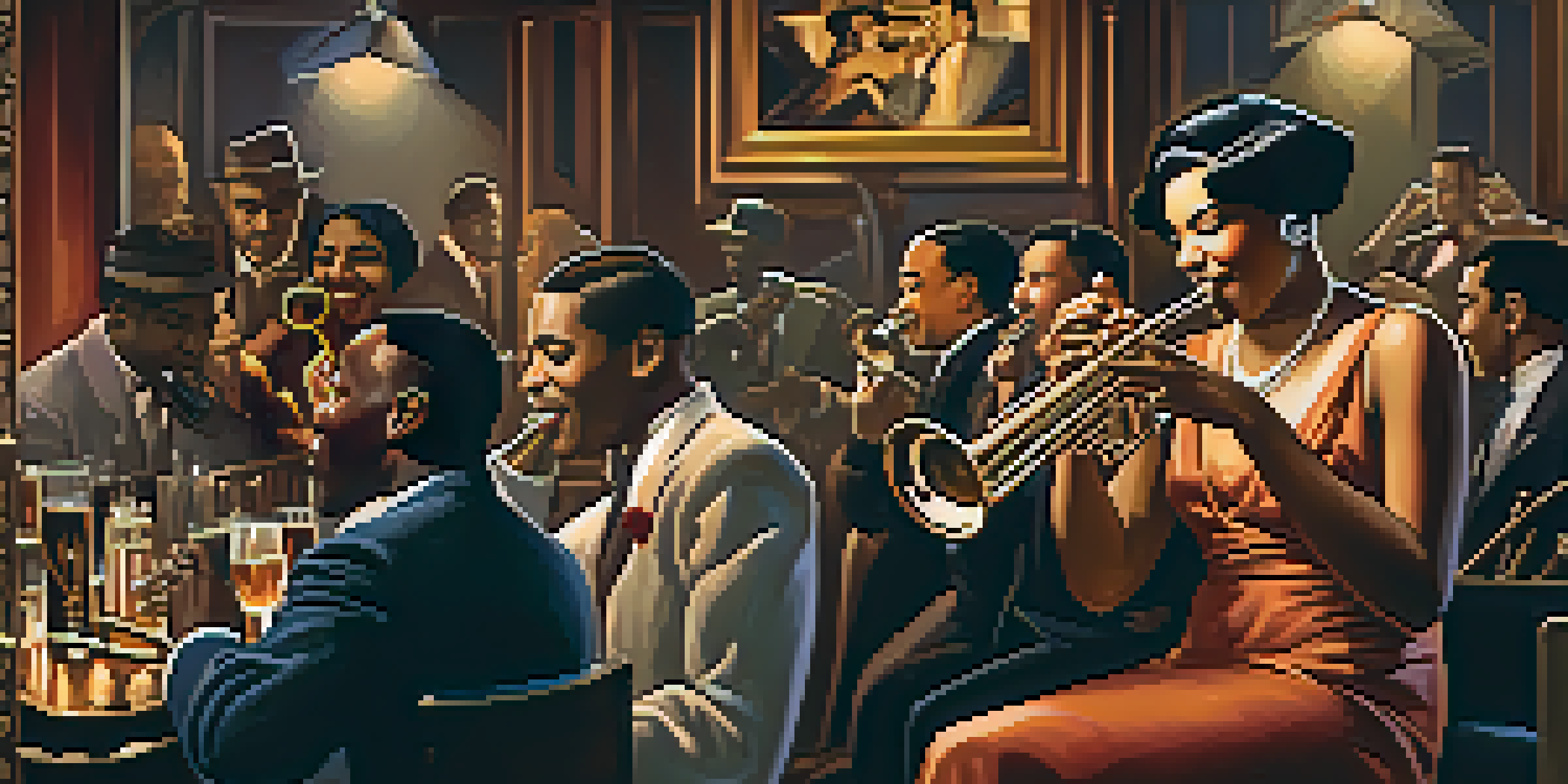 A vibrant jazz band performing in a vintage Chicago speakeasy, with musicians playing brass instruments and a piano, surrounded by people in 1920s fashion.