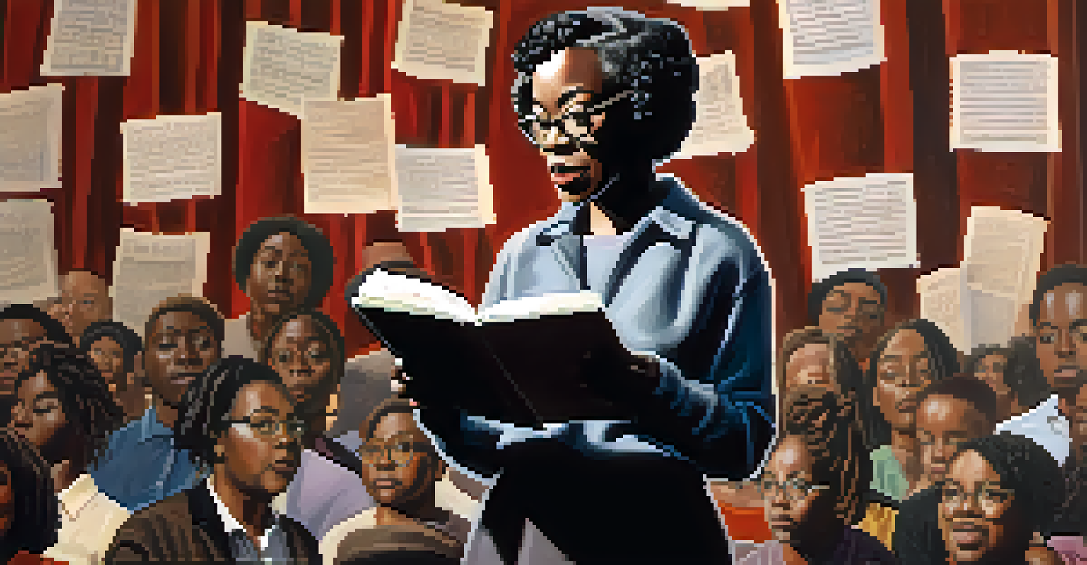 Gwendolyn Brooks reading her poetry on stage to an engaged audience, with warm lighting and expressive gestures.