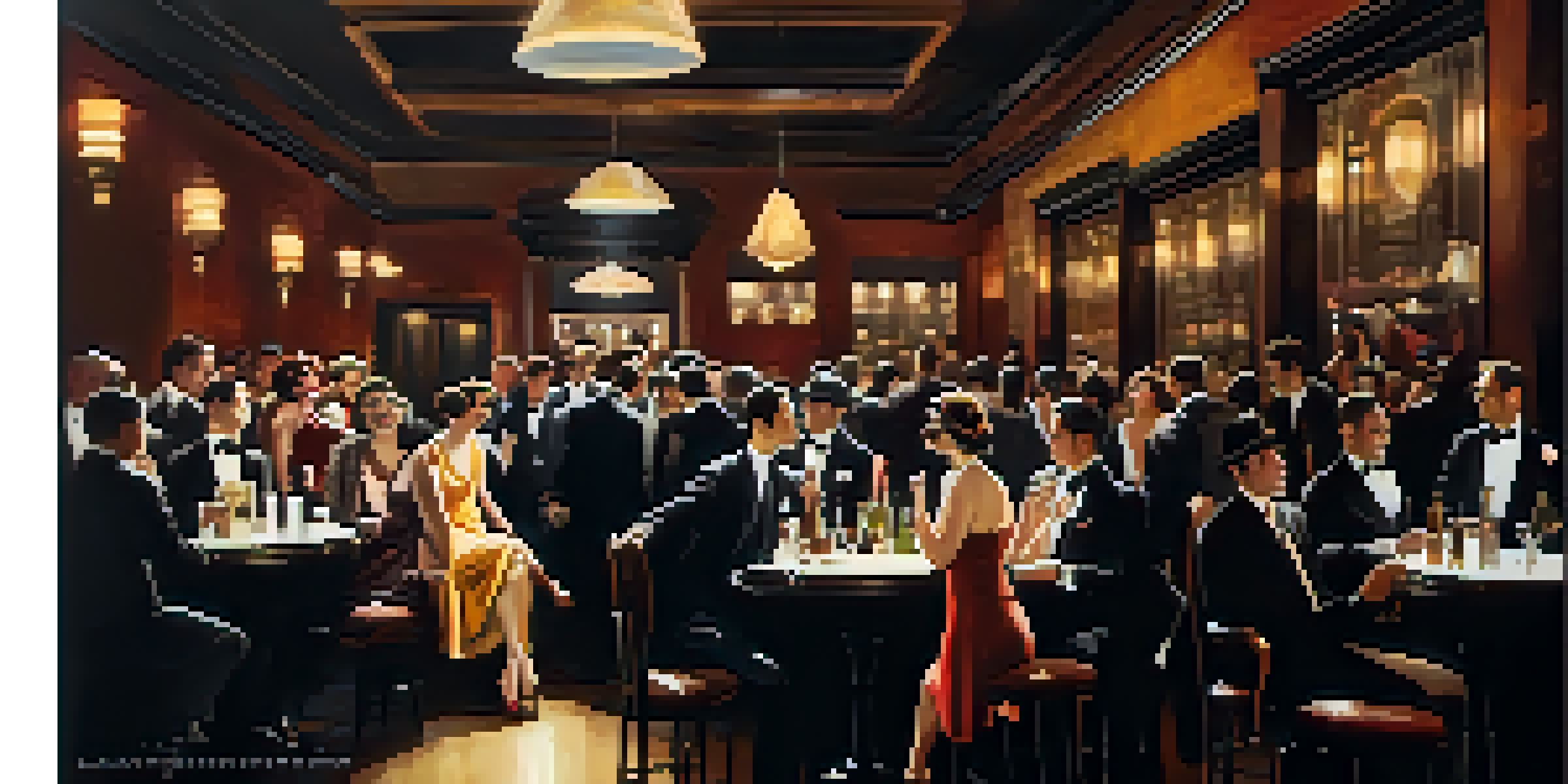 A lively 1920s speakeasy with patrons in elegant attire, jazz musicians, and vintage decor.