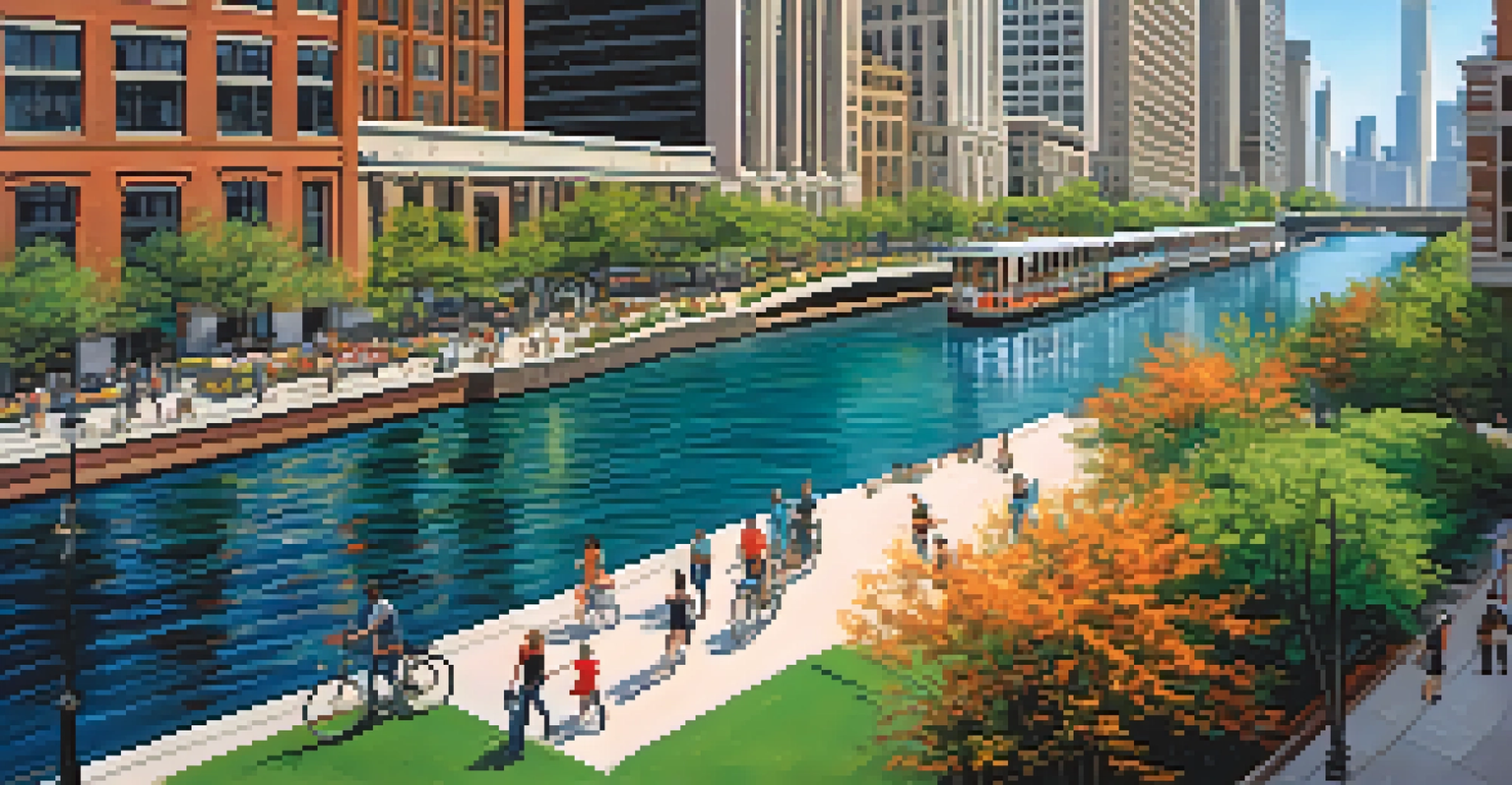 An aerial view of Chicago's Riverwalk filled with people, with skyscrapers and reflections in the water.
