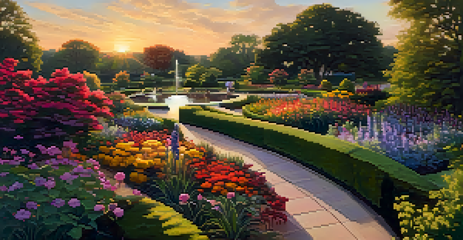 A beautiful view of the Chicago Botanic Garden filled with colorful flowers and visitors walking along winding paths during sunset.