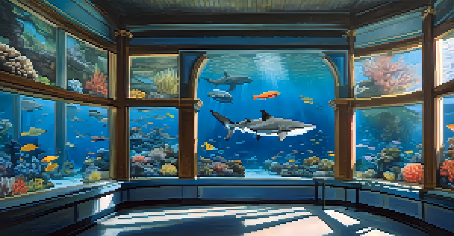 An underwater scene at the Shedd Aquarium showing a coral reef with colorful fish and a shark, lit by a magical blue hue.
