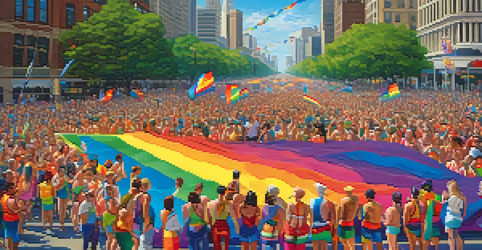 A colorful scene of the Chicago Pride Parade with floats and participants celebrating together.