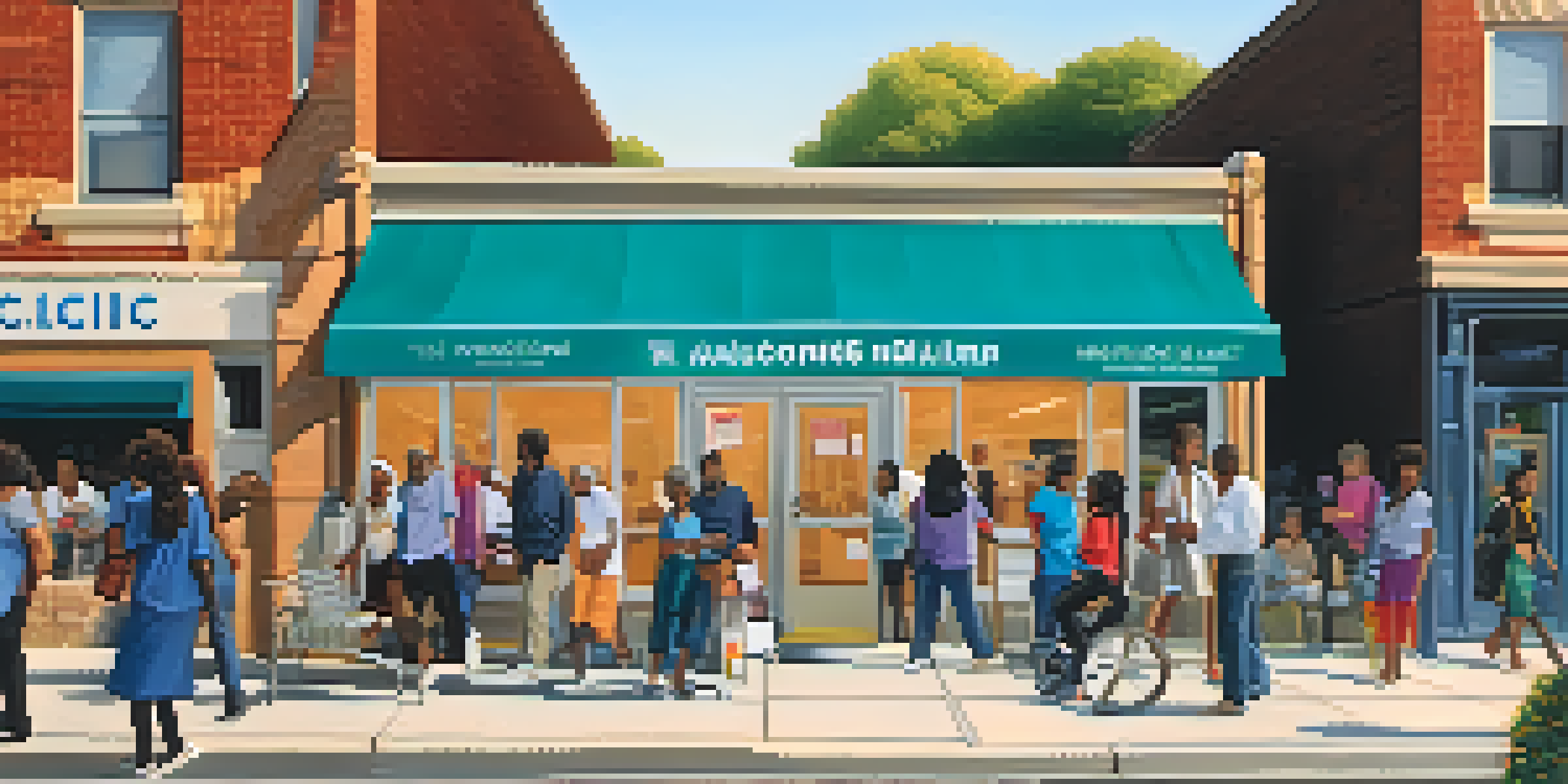 A vibrant Chicago street scene with a community health clinic, featuring diverse individuals interacting in a warm, welcoming environment during sunset.