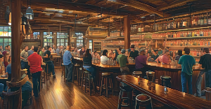 A vibrant brewery interior in Chicago with people enjoying craft beers at the bar, illuminated by warm amber lighting.