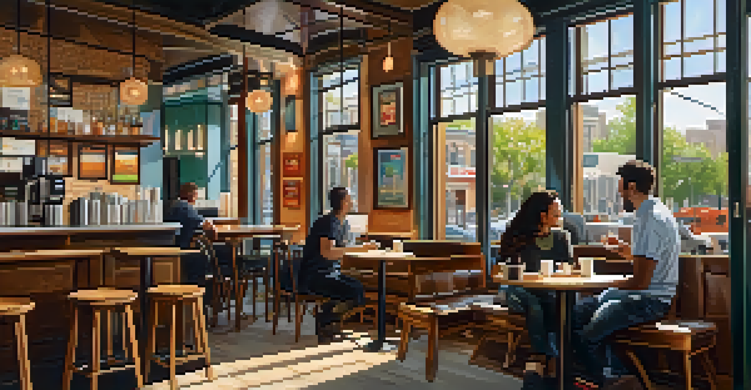 The interior of a cozy café in Logan Square with wooden furniture, artwork on the walls, and a barista making coffee, bathed in warm sunlight.
