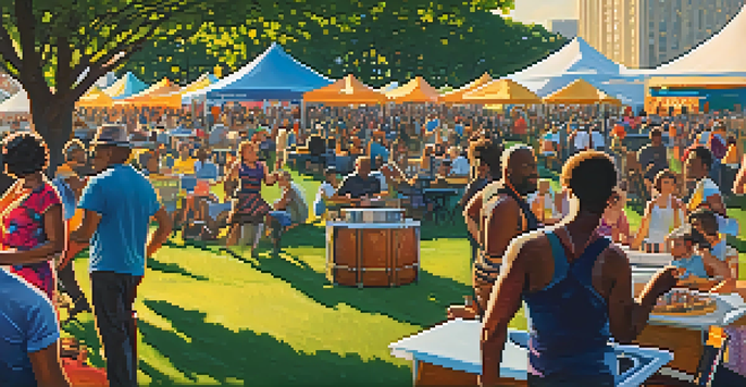 A lively outdoor scene of the Chicago Jazz Festival, showcasing diverse crowds enjoying live music under a warm sunset.