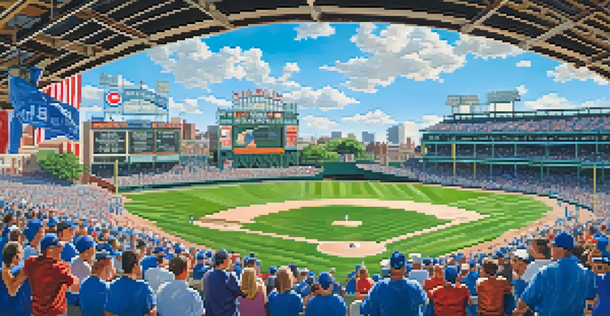 A sunny day at Wrigley Field with fans in Cubs gear cheering, surrounded by ivy-covered walls and colorful banners.