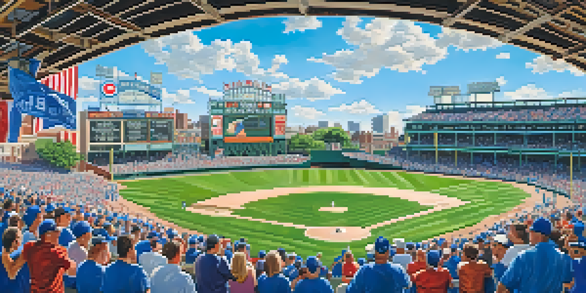 A sunny day at Wrigley Field with fans in Cubs gear cheering, surrounded by ivy-covered walls and colorful banners.