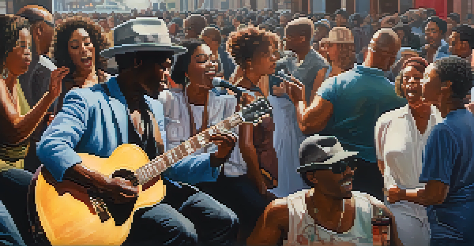 A close-up of musicians performing together on stage during a jam session, with an audience enjoying the music.