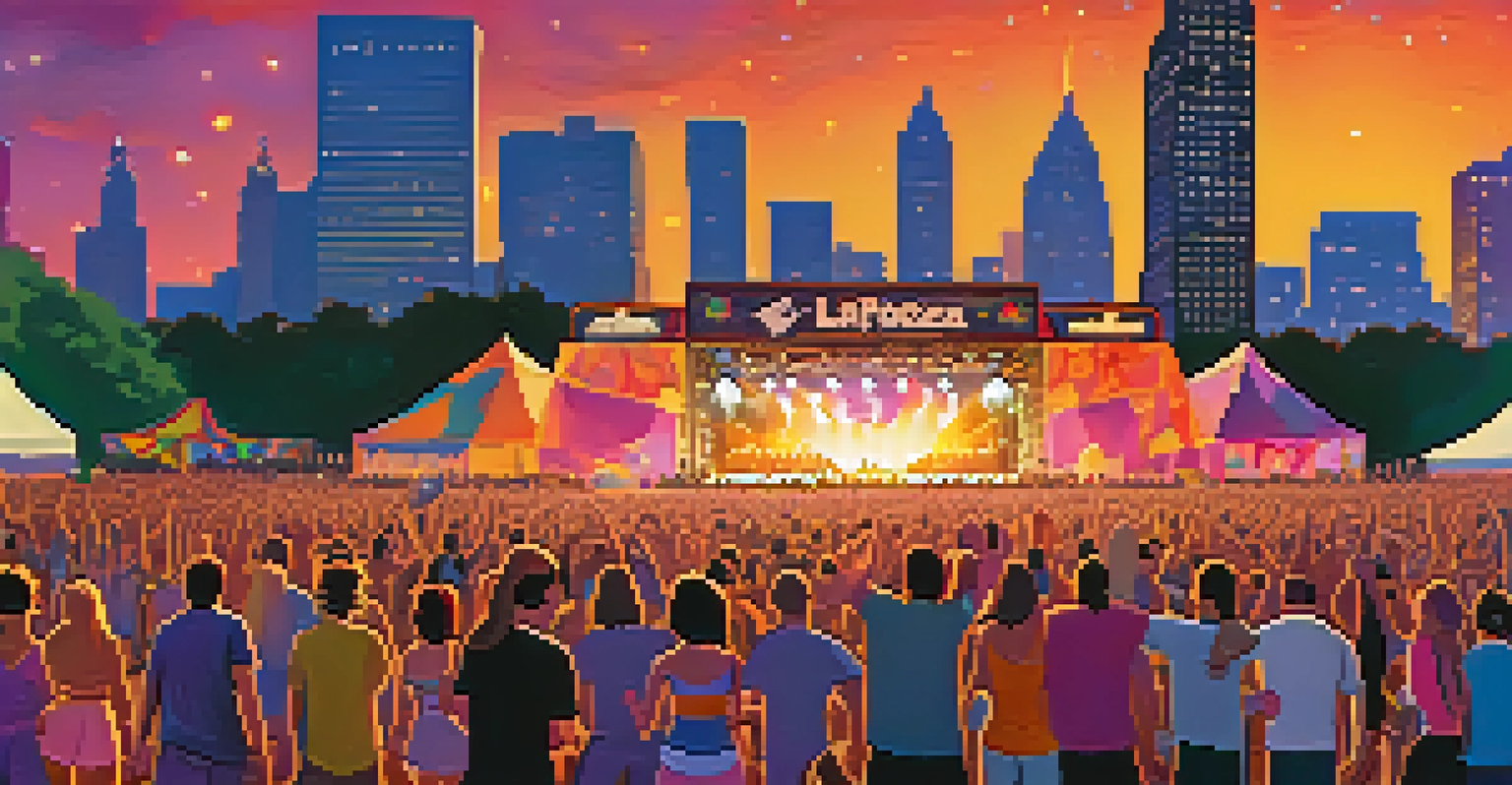 A lively music festival scene with fans dancing under a colorful sunset, food stalls, and a brightly lit stage in the background.