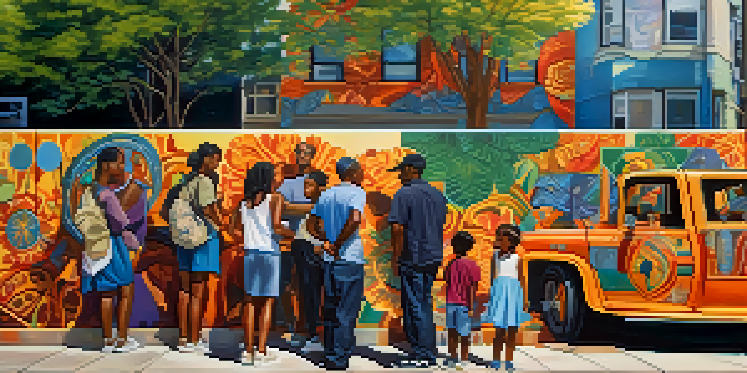 A colorful mural in Chicago depicting diverse cultural themes, with people observing the art in a lively neighborhood.