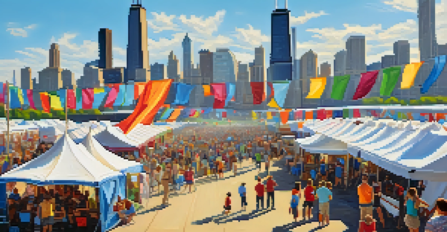 An outdoor art festival in Chicago with artists showcasing their work, surrounded by a diverse crowd and the city skyline.