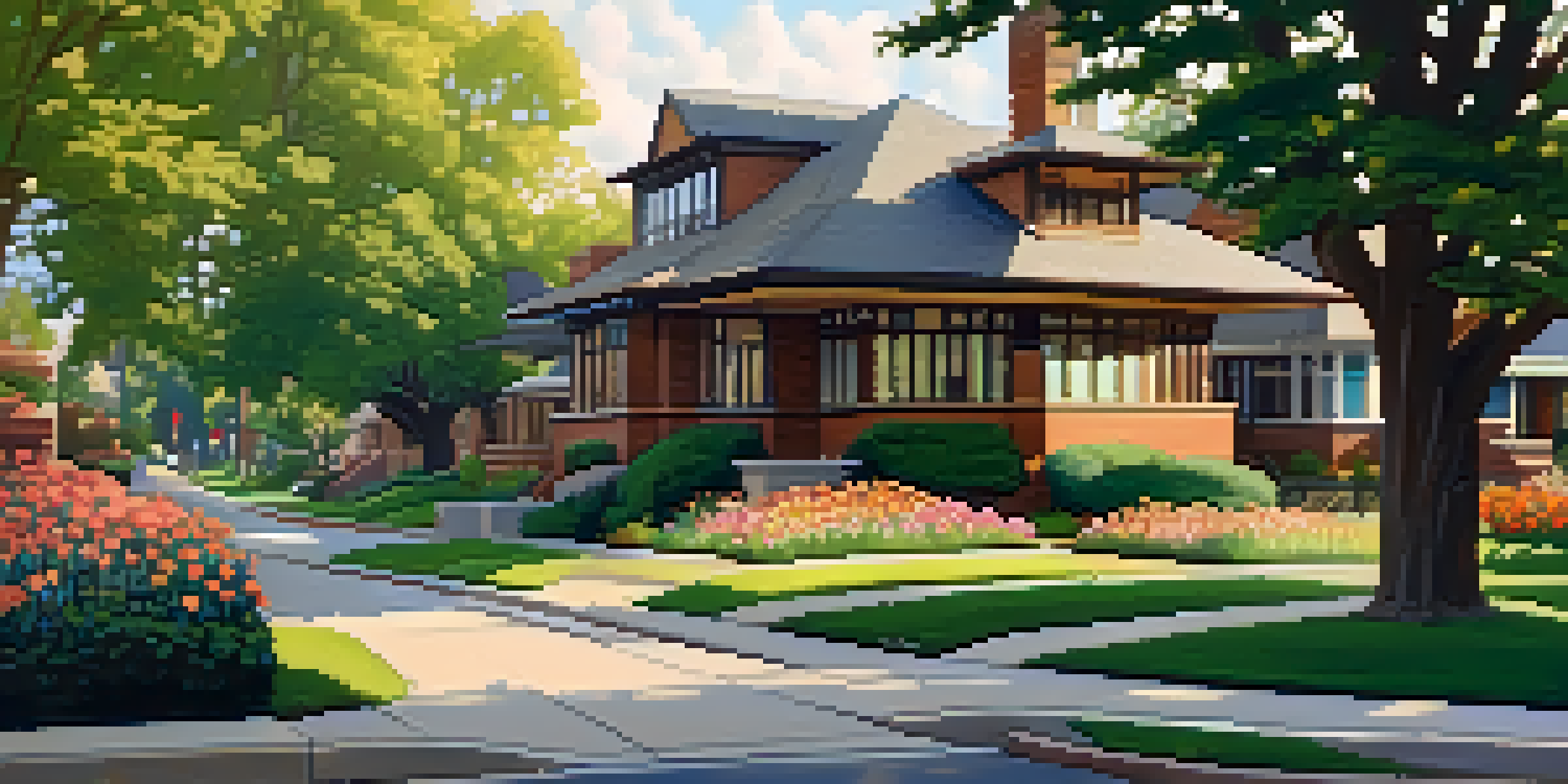 A scenic view of a street in Oak Park featuring historic homes designed by Frank Lloyd Wright, surrounded by greenery and colorful flowers, illuminated by golden sunlight.