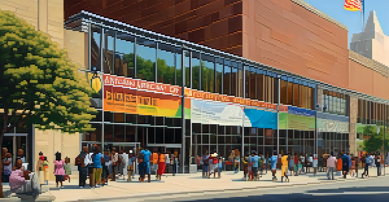 The DuSable Museum with families gathered outside, showcasing its modern design and colorful banners.