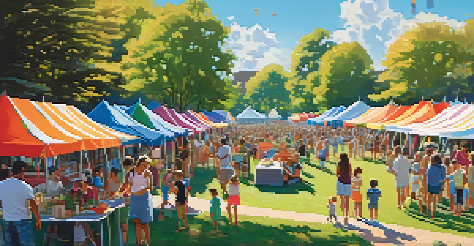 A lively summer festival in a Chicago park with food stalls, live music, and families enjoying the day.