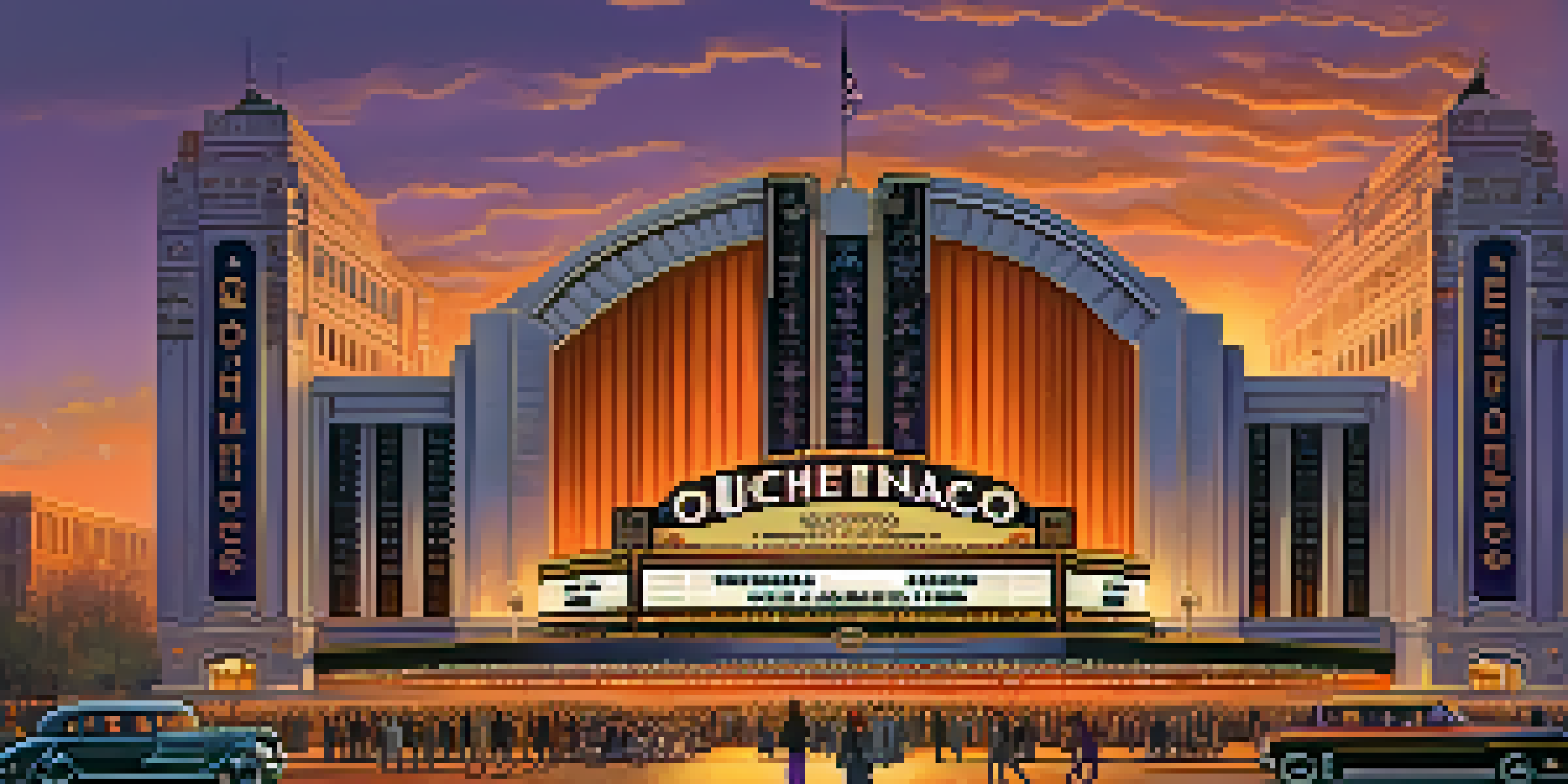 A vibrant sunset view of Chicago Stadium, highlighting its Art Deco architecture and a crowd of enthusiastic fans gathered outside.