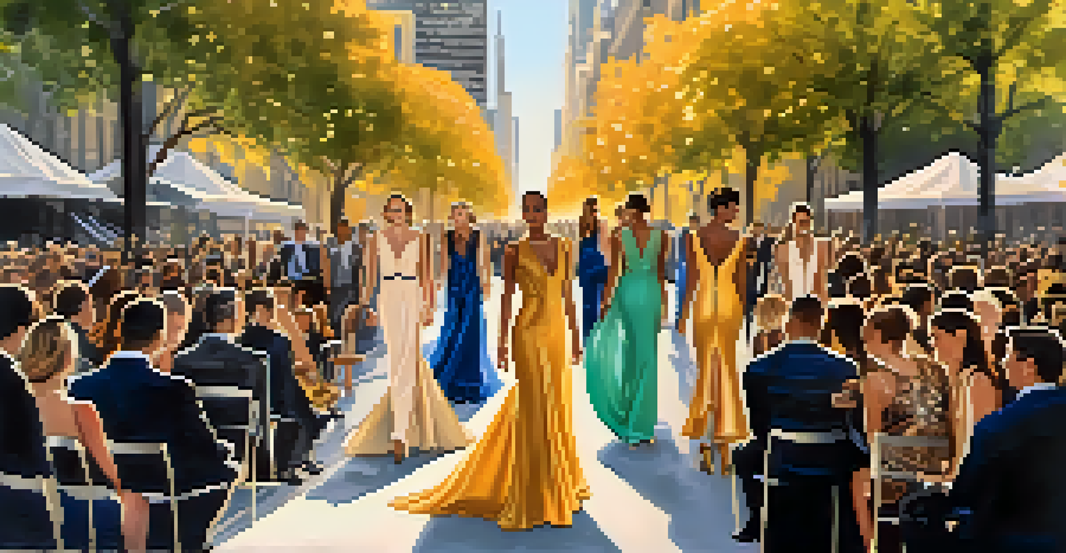 An outdoor fashion show featuring models in luxurious outfits on Michigan Avenue, illuminated by golden-hour lighting with a city skyline backdrop.