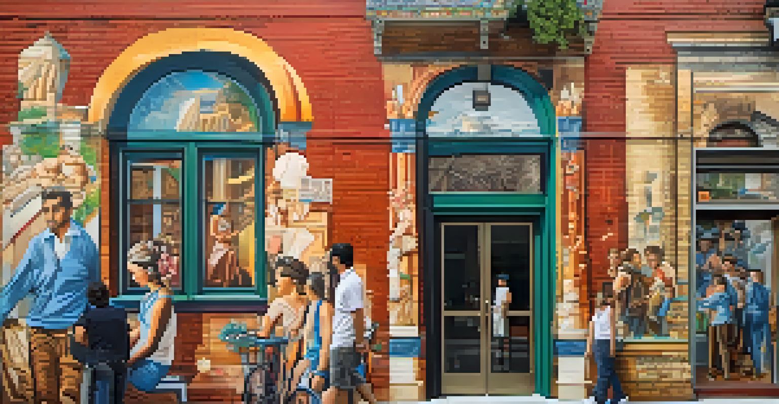 A colorful mural on a brick wall in Little Italy, showcasing Italian culture and historical figures with passersby admiring the artwork.
