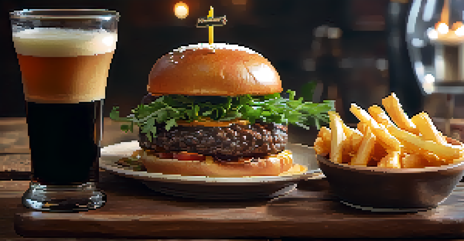 A gourmet burger served with a rich stout beer on a rustic table, showcasing fresh ingredients and an inviting atmosphere.
