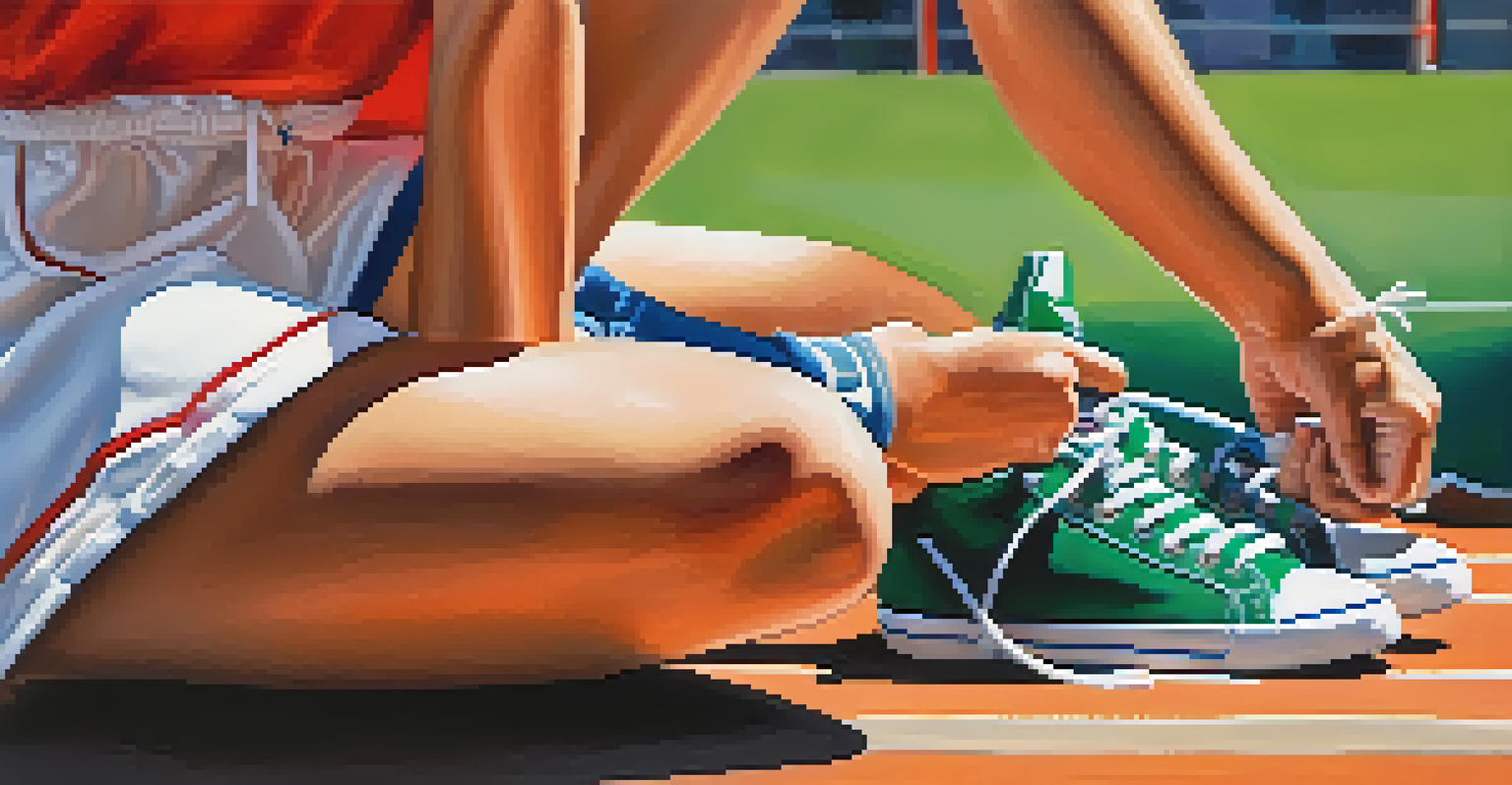 A young athlete tying their shoelaces, showcasing colorful sports shoes and uniform in a sunny sports facility.