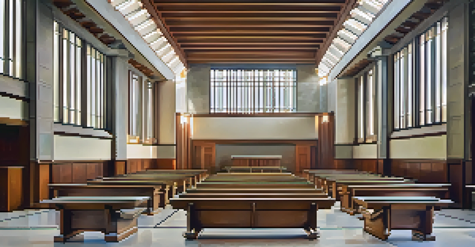 Inside Unity Temple, showcasing its geometric design and soft lighting that creates a tranquil atmosphere.