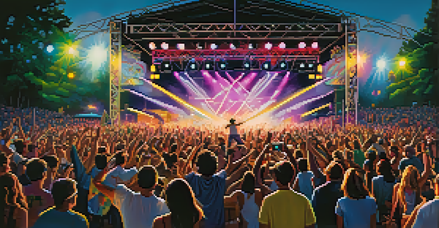 A crowd dancing at a music festival with a DJ on stage, surrounded by colorful light displays and art installations.