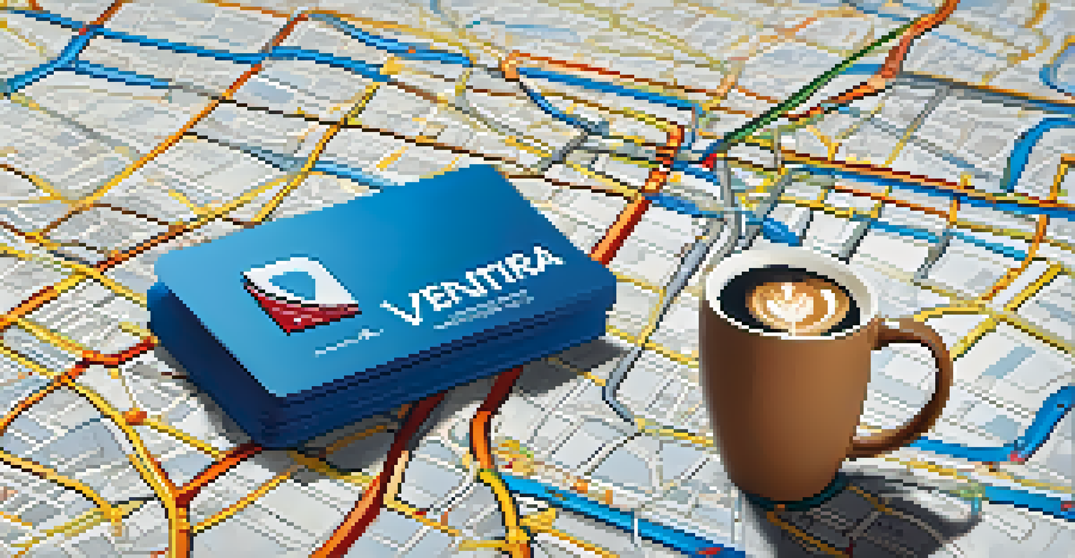 Close-up of a Ventra card on a city map with public transit routes, alongside a coffee cup and sunglasses.
